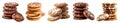 Pile group stack tower of round cookie cookies biscuit, sprinkle and frosting icing set, on transparent background cutout. PNG