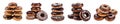 Pile group stack tower of round donut doughnut, chocolate set, with sprinkles nuts topping frosting on transparent cutout, PNG