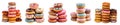 Pile group stack tower of round donut doughnut, with sprinkles nuts topping frosting on transparent cutout, PNG