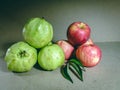 Pile of guava and red apple, Assortment of exotic fruits isolated on grey background. Creative layout made of fresh fruits.