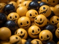 a pile of halloween balls with faces painted on them