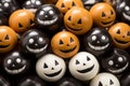 a pile of halloween candy balls with faces painted on them