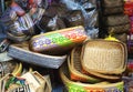 Pile of handcrafted baskets for sale at a market in Bali