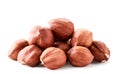 A pile of hazelnuts closeup on white background. Isolated