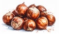 Pile of Hazelnuts Illustration with Detailed Watercolor Texture on White Background Royalty Free Stock Photo