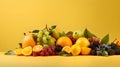 Pile of Healthy food and diet with group variety of fruit isolated on yellow background Royalty Free Stock Photo