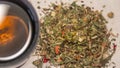 Pile of healthy herbs near a cup of herb tea isolated. Concept healthy diet, supplements, and food