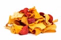Pile of healthy vegetable chips, side view, isolated on white Royalty Free Stock Photo