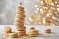 A pile of homemade cookies with a star-shaped cookie on the top, ready to be enjoyed, A spiral tower of gold-dusted macarons, AI