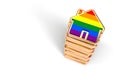 Pile of homes colored with rainbow flag as growing number of gay couples decides to live together. Isolated on white background