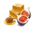 Pile of honeycomb pieces, dipper and fig isolated on white background Royalty Free Stock Photo