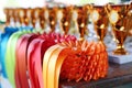 Pile of horse riding ribbons and trophy awards. Group of beautiful colorful trophies Royalty Free Stock Photo