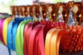 Pile of horse riding ribbons and trophy awards. Group of beautiful colorful trophies Royalty Free Stock Photo