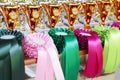 Pile of horse riding ribbons and trophy awards. Group of beautiful colorful trophies Royalty Free Stock Photo