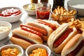 pile of hot dogs, buns, and condiments for a simple yet satisfying meal