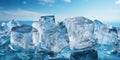 A pile of ice cubes sitting on top of a blue surface. Generative AI image. Royalty Free Stock Photo