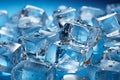 A pile of ice cubes sitting on top of a blue surface. Generative AI image. Royalty Free Stock Photo