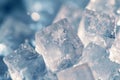 A pile of ice cubes sitting on top of a table, slowly melting and forming small pools of water, Macro image of sugar crystals, AI Royalty Free Stock Photo