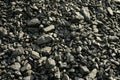 Pile of industrial coal and a train. Fuel and power generation, nature pollution theme. Royalty Free Stock Photo