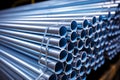 Pile of industrial steel pipes in factory