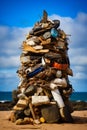Pile of items sitting on top of beach next to the ocean. Generative AI Royalty Free Stock Photo