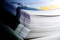 Pile of journals on the table in the library Royalty Free Stock Photo