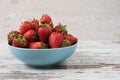 Pile of juicy ripe organic fresh strawberries in a large blue bowl. Light rustic wooden background Royalty Free Stock Photo