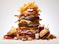 pile of junkfood burgers white background, ai generative