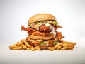 pile of junkfood burgers white background, ai generative