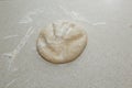 A pile of kneaded dough sprinkled with wheat flour is lying on a white kitchen table. Top view. baking, cooking