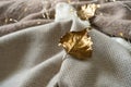 Pile of knitted clothes with autumn gold leaves, warm background, knitwear, space for text, Autumn winter concept. Royalty Free Stock Photo