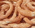 A pile of `Koulouri` traditional Greek bagel with sesame