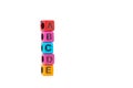 Pile of letter bead or beads with alphabet ABCDE on white background.