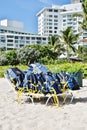 Pile life jackets on sun lounge beach