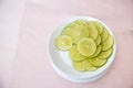 Pile of Lime Slice on dish.Sliced juicy fresh limes many pieces