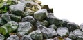 Pile of lime stone rocks in close up isolated on a white background nice garden decoration