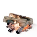 Pile of logs and charcoal burning on a white background