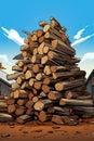 Pile of logs sitting in front of barn with sky background. Generative AI Royalty Free Stock Photo