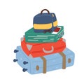 Pile of luggage and suitcases. Vector cartoon illustration