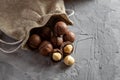Pile macadamia nuts open kernels and shells in burlap bag on gray concrete background, top view