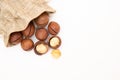 Pile macadamia nuts open kernels and shells in burlap bag on white background, top view