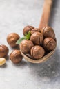 Pile macadamia nuts open kernels and shells in spoon on stone background