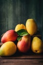 A pile of mangoes and mangoes on a table. Generative AI image.