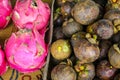 Pile of mangosteen and Dragonfruit