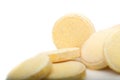 Pile of many small yellow pills, group of vitamins. Yellow pills Royalty Free Stock Photo