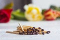 A pile of matches close up on a white table. Macro fire igniter on blurred background Royalty Free Stock Photo