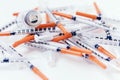 Pile of medical syringes for insulin for diabetes