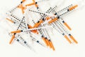 Pile of medical syringes for insulin for diabetes