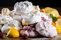 pile of meringues, dusted with confectioners' sugar and flavored with fruit