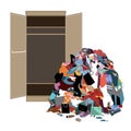 Pile of messy girl or lady clothes gotten out of closet. Untidy cluttered woman wardrobe. Royalty Free Stock Photo